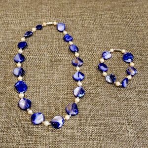 Blue Shell & Pearl Necklace with Matching Bracelet